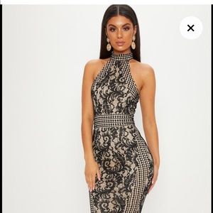 Black Lace Crochet High Neck Midi Dress